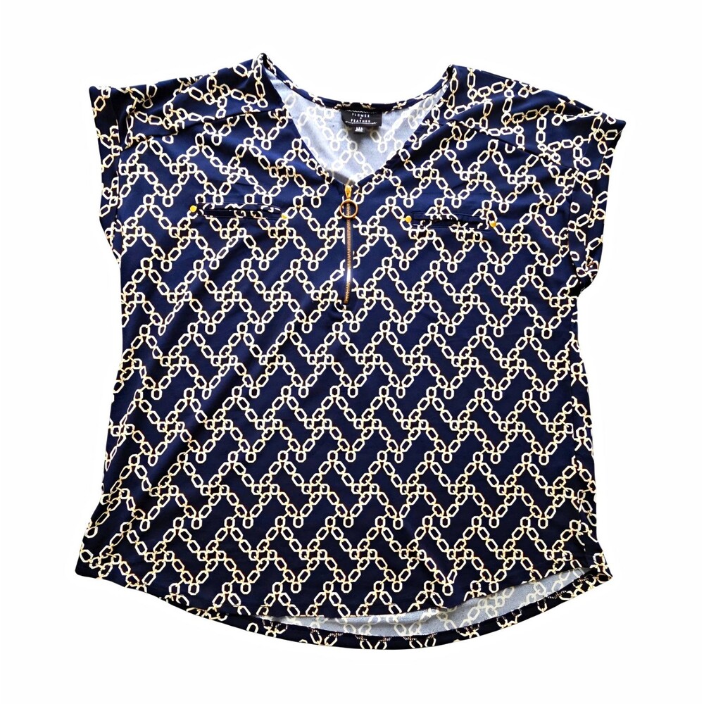 FLOWER & FEATHER Women's 1X Blue/White Geometric V-Neck Sleeveless Zip Blouse